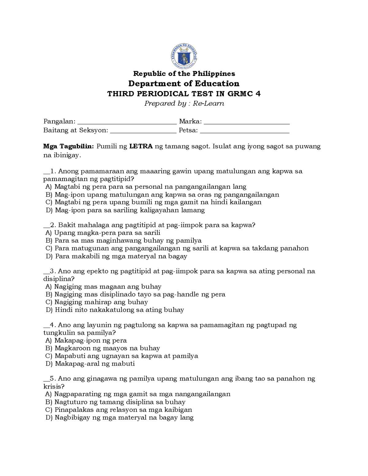 3rd periodical test grade 4 with answer key