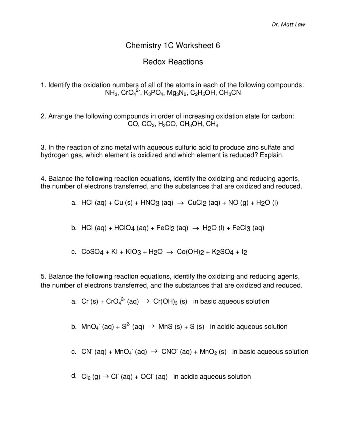 balancing redox reactions worksheet 1 answer key
