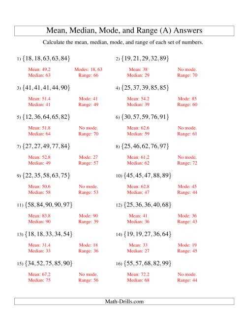 mean median mode range answer key