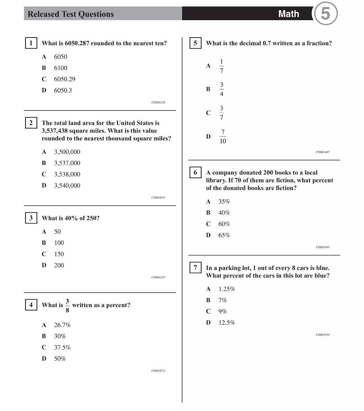 5th grade math practice test with answer key