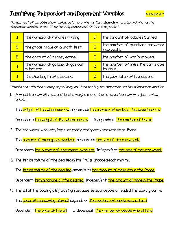 independent and dependent variables answer key