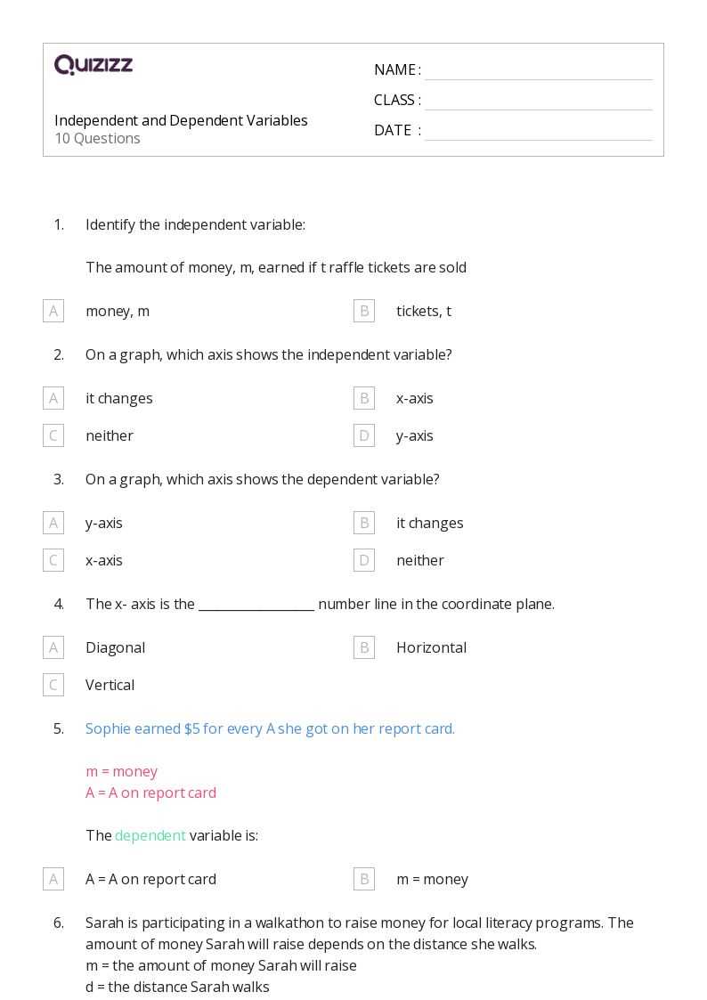 independent and dependent variables practice worksheet with answer key