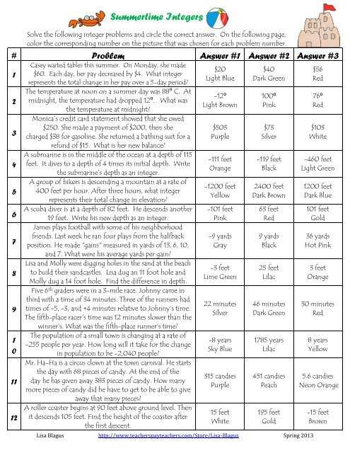 integers answer key