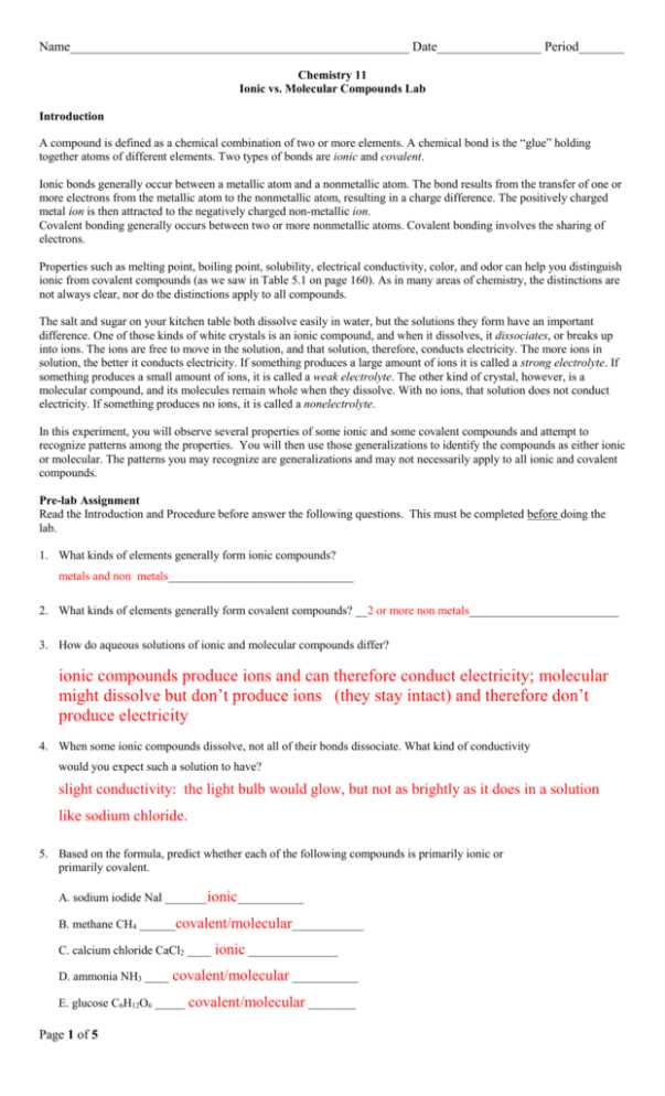 ionic or covalent bonding lab answer key