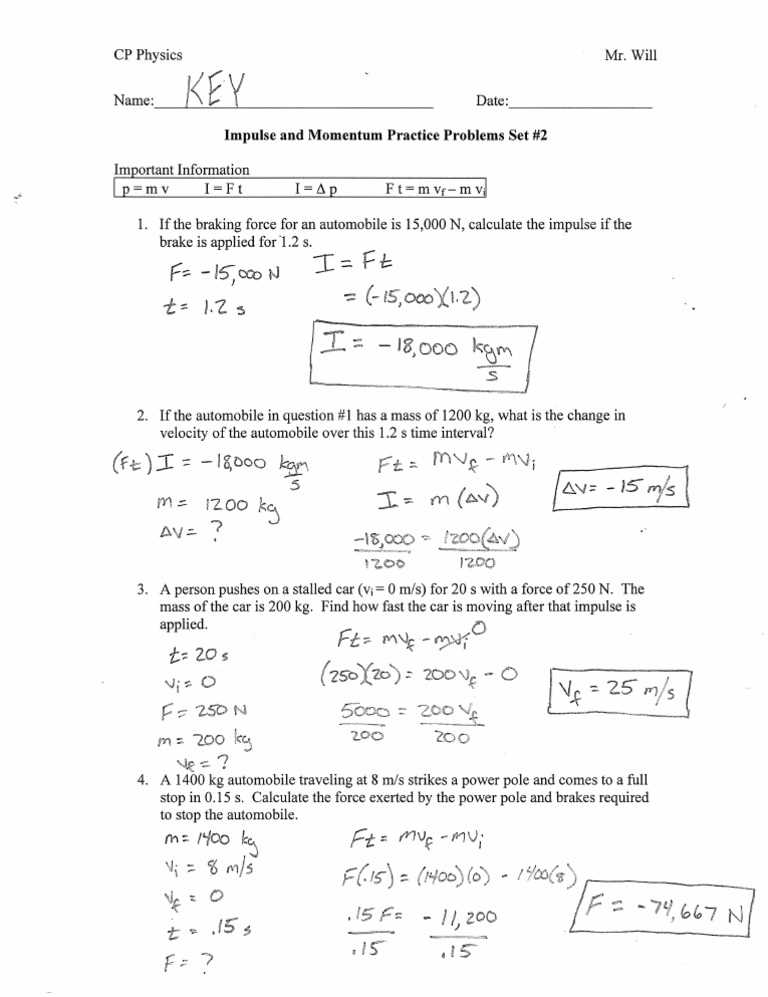force and momentum problems worksheet answers key