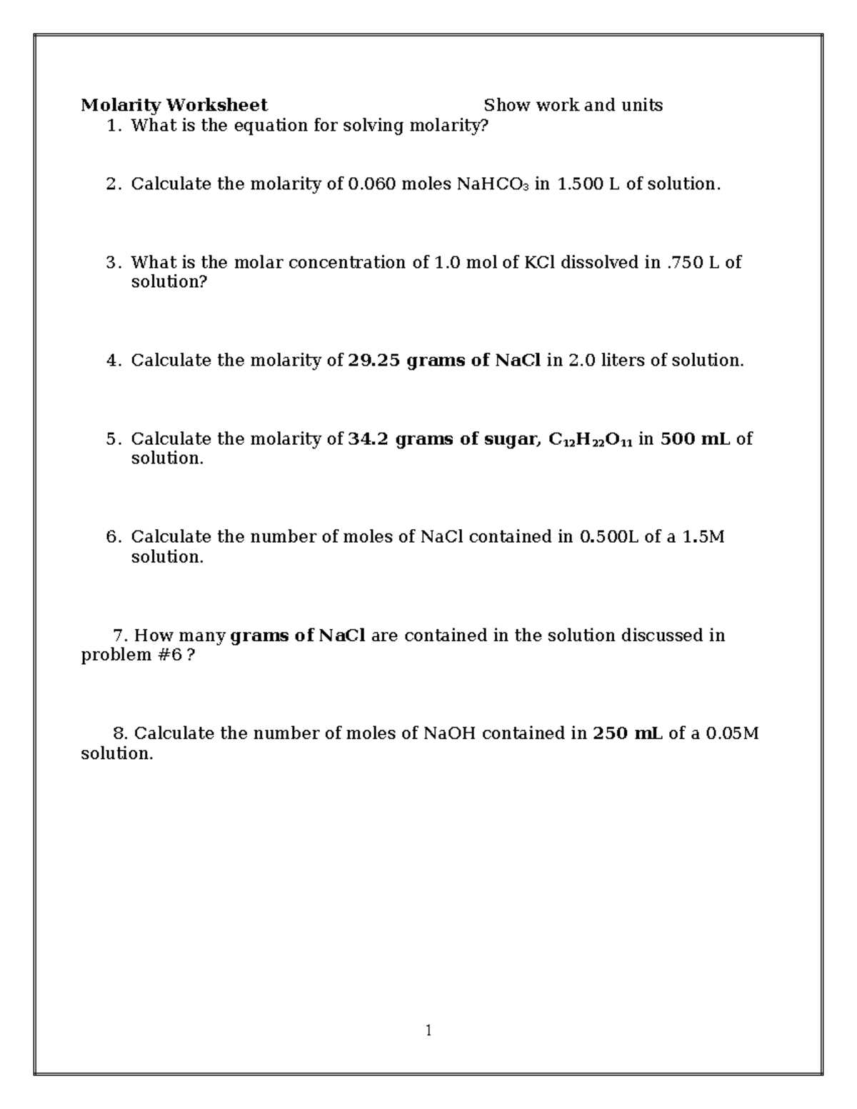 calculating molarity worksheet answer key calculating molarity worksheet answer key