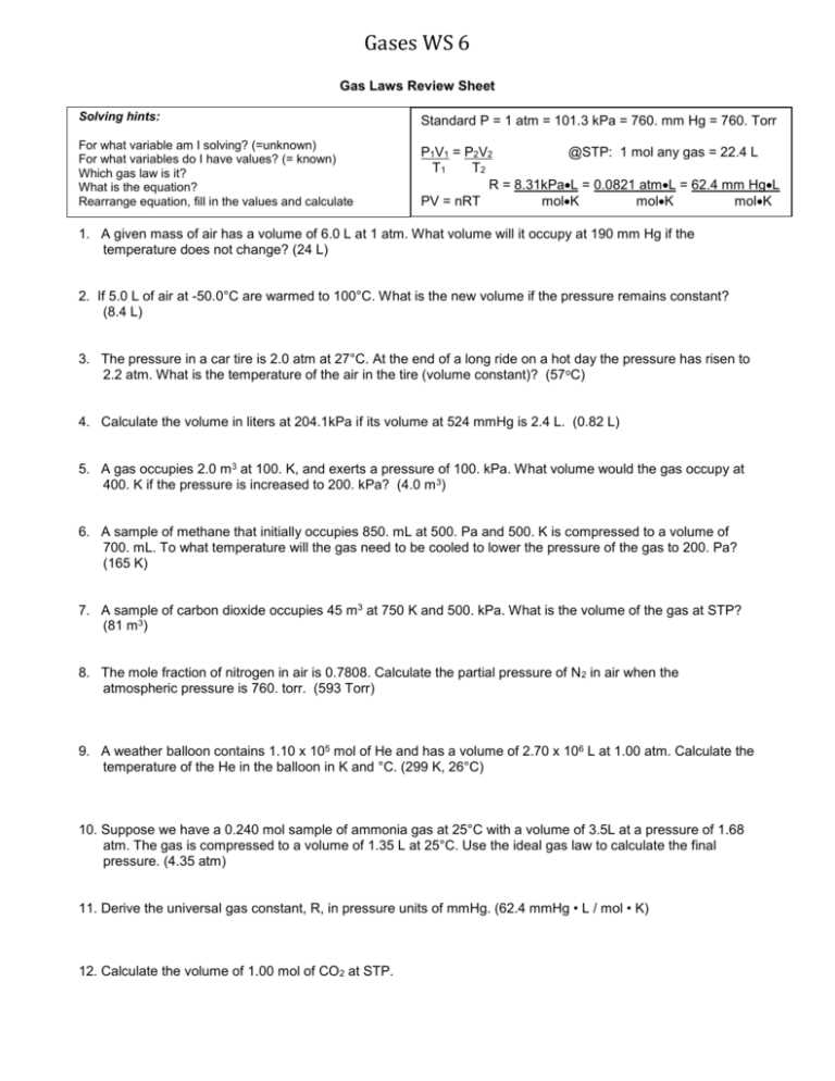 gas law review answer key