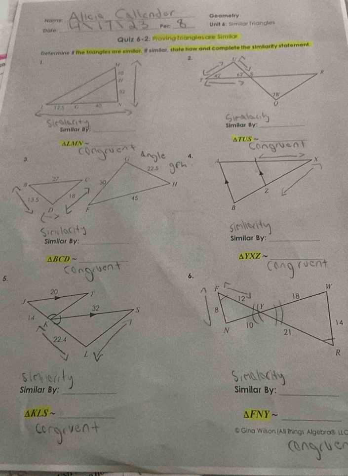geometry unit 6 answer key