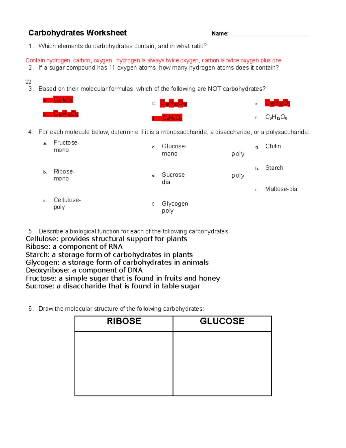 carbohydrates worksheet answer key