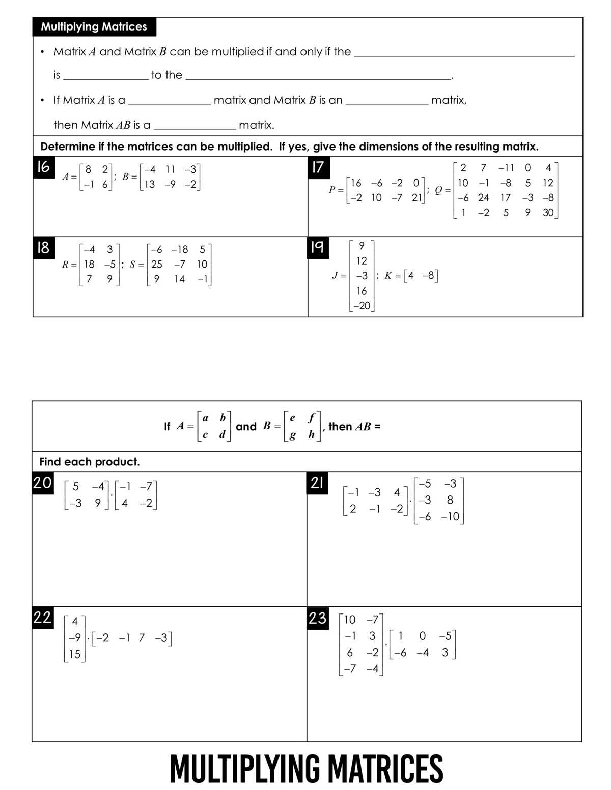 matrix basics worksheet answers key