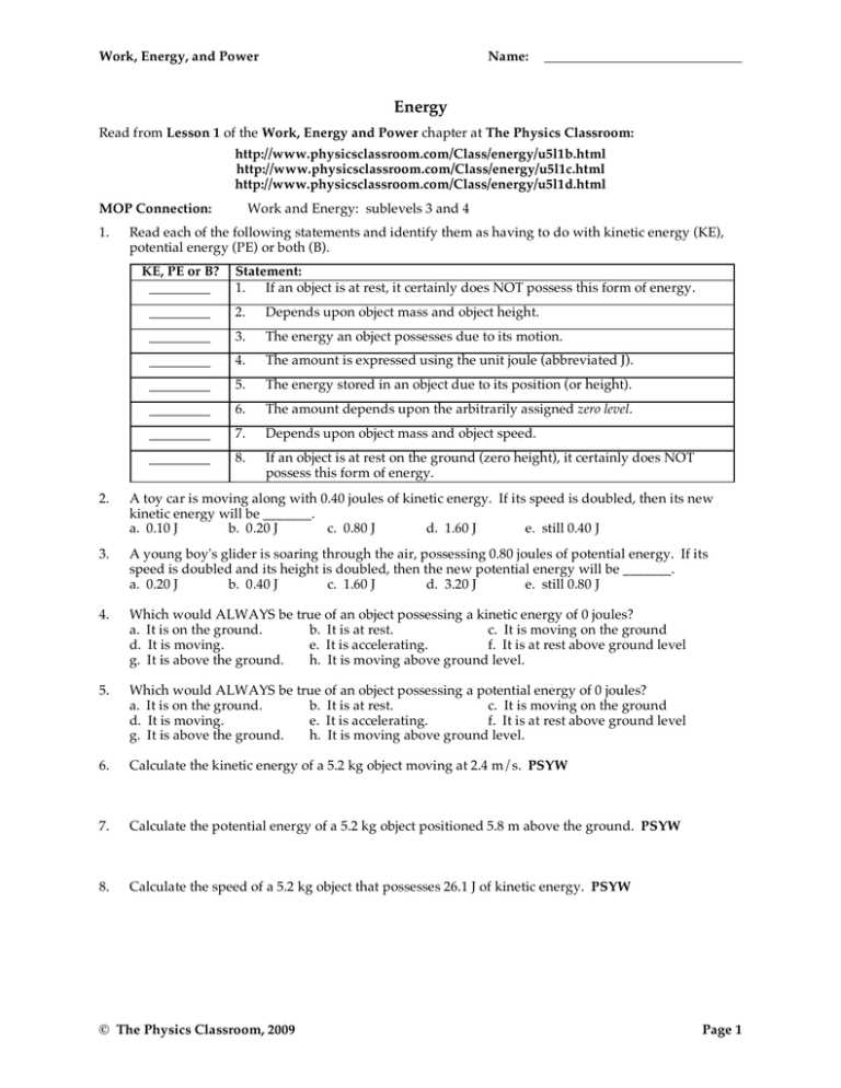 physics classroom power answer key
