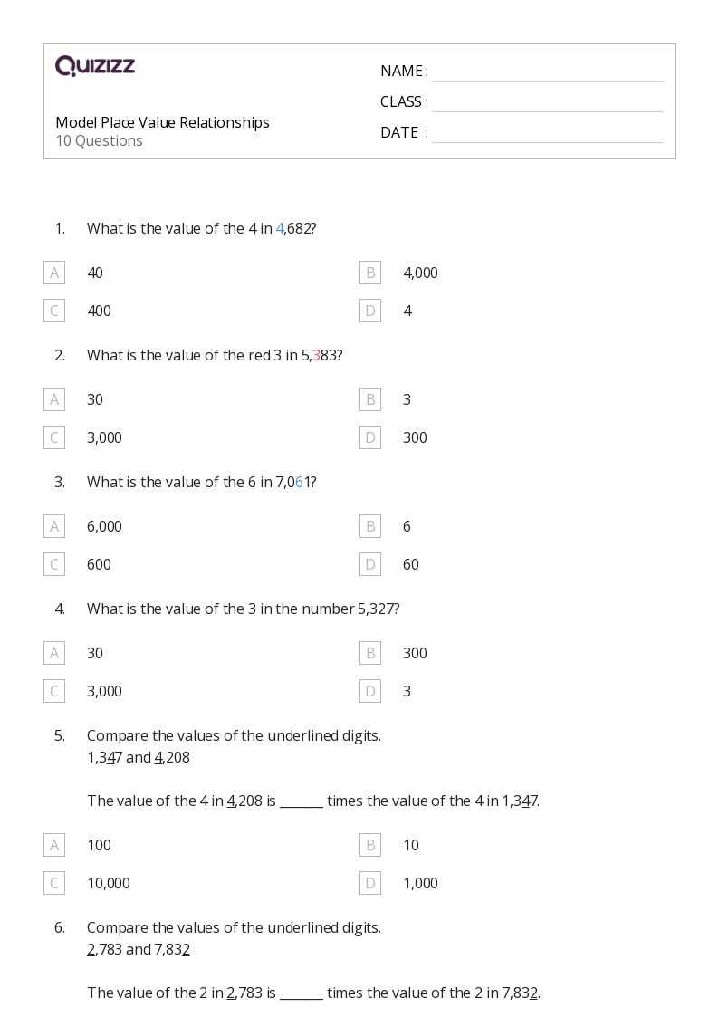 model place value relationships lesson 1.1 4th grade answers key
