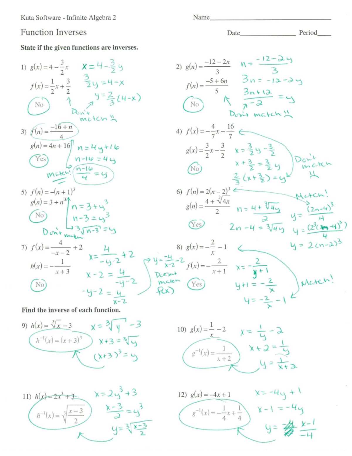 kuta software infinite algebra 2 function inverses answer key
