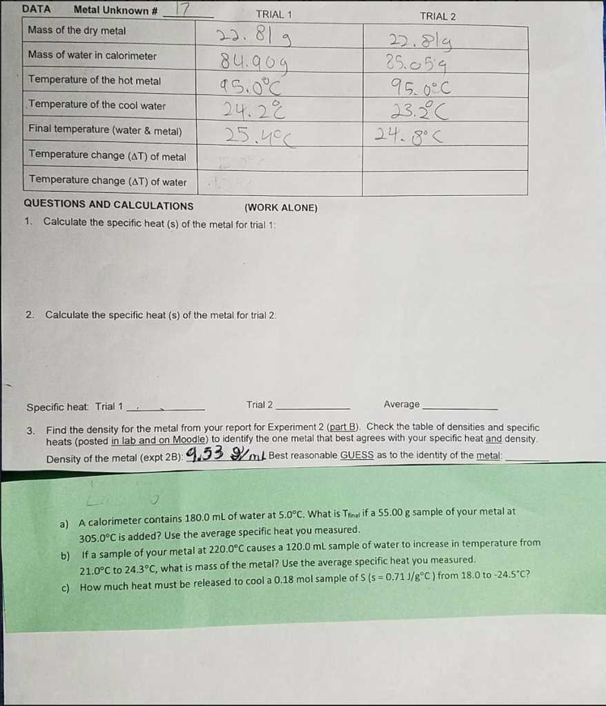 lab specific heat of a metal answer key