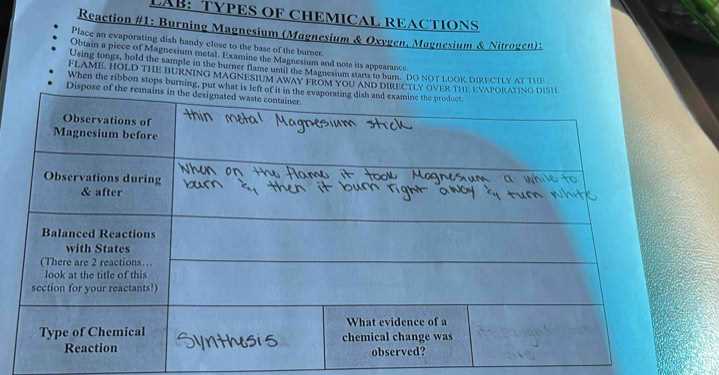 lab types of chemical reactinos burning magnesium answer key