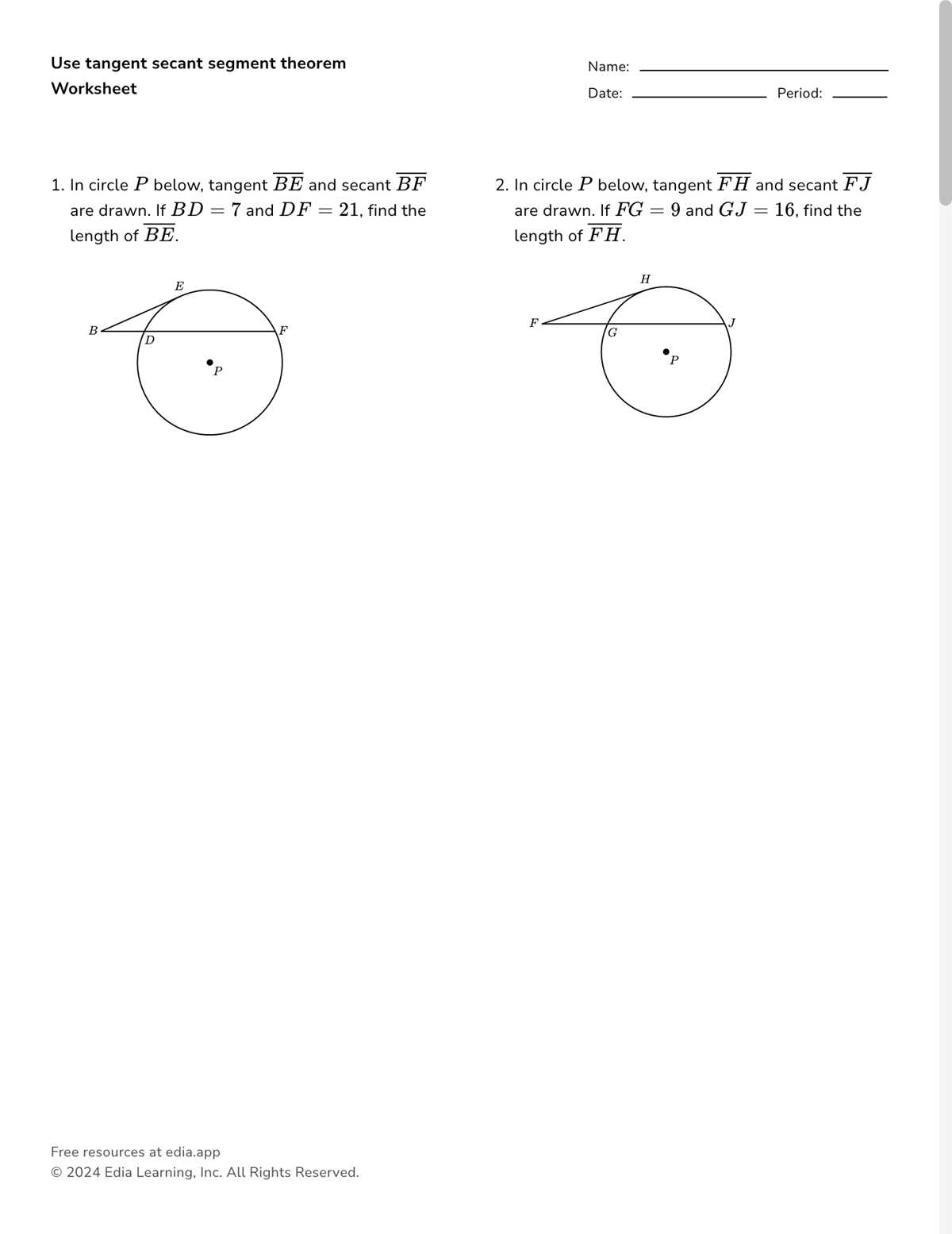 lesson 2a tangents and secants of a circle answer key