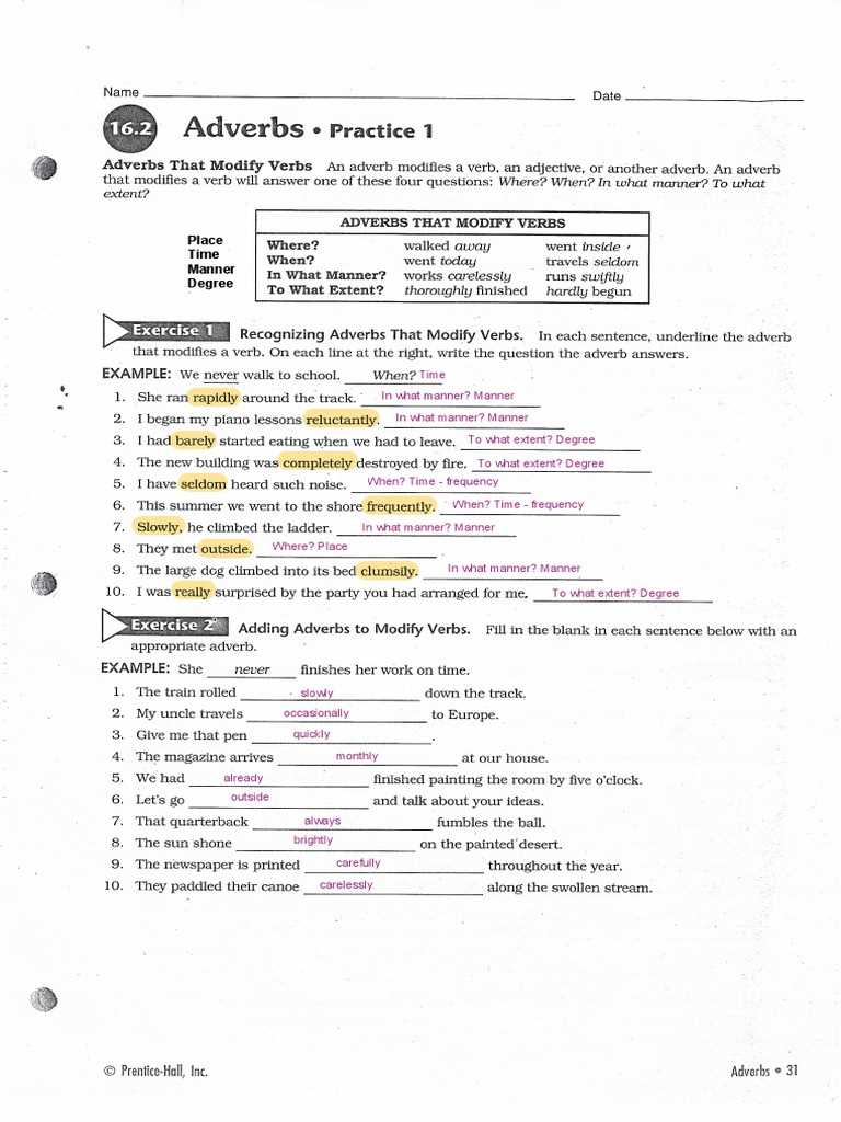 lesson 9 adverbs answer key