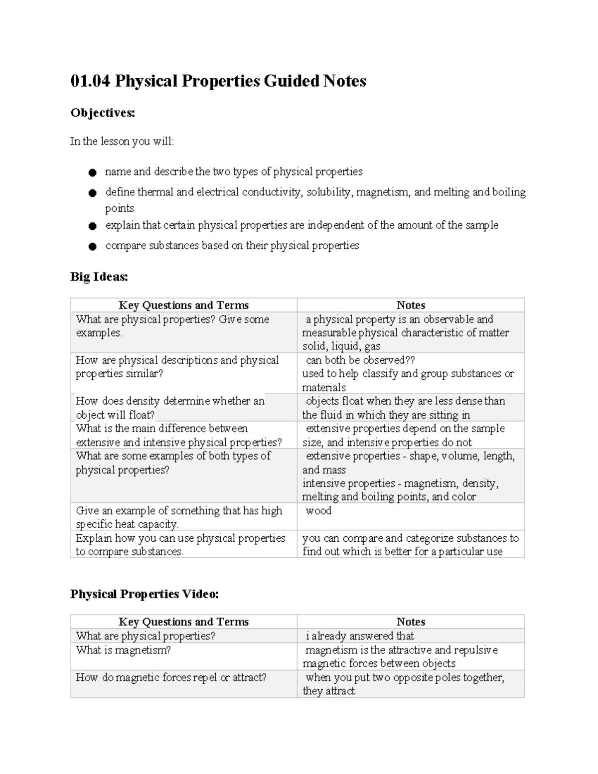 lesson outline lesson 2 physical properties answer key lesson outline lesson 2 physical properties answer key