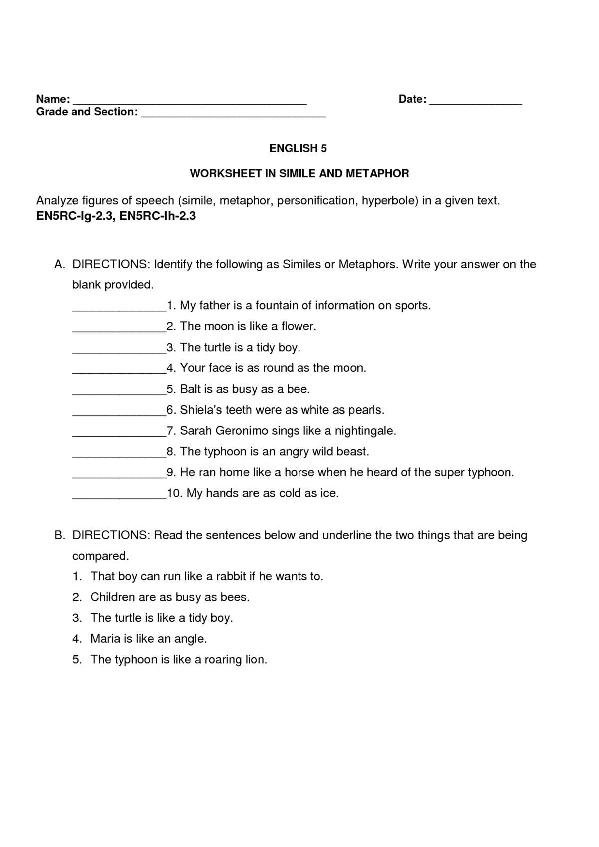 level 5 lesson 8 similes metaphors and personification answer key