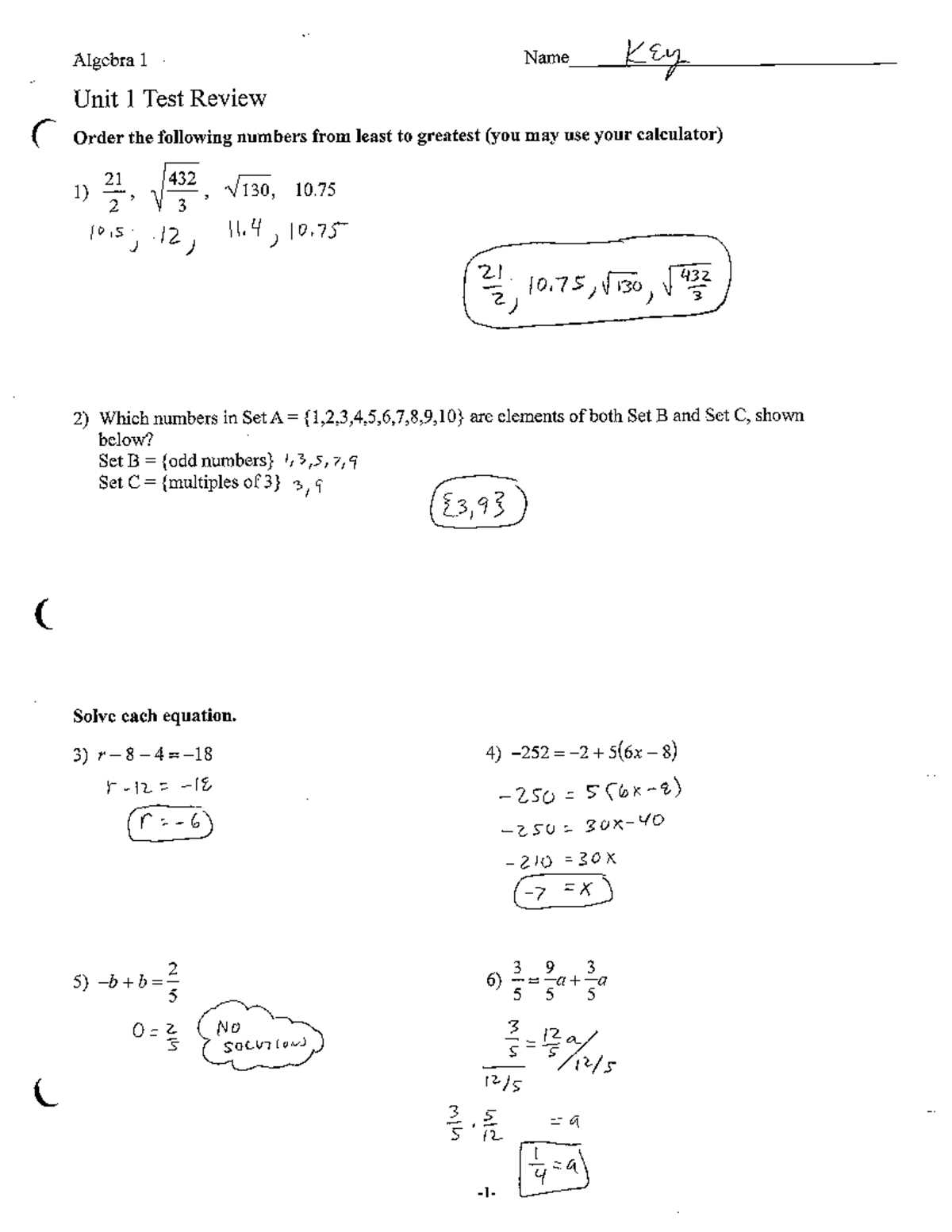 algebra 1a midterm answer key