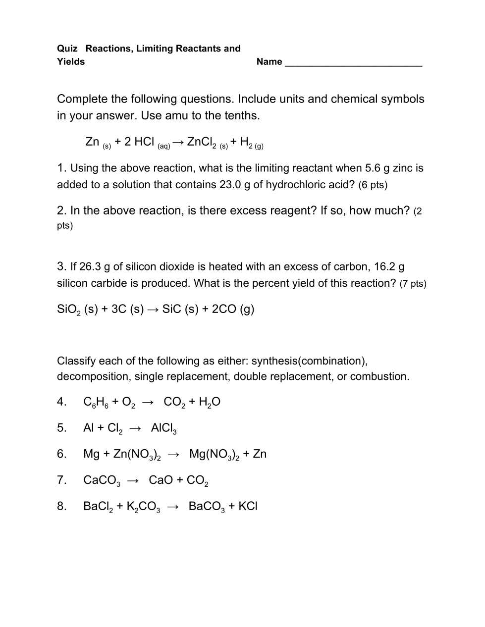 limiting reactant and percent yield worksheet answer key
