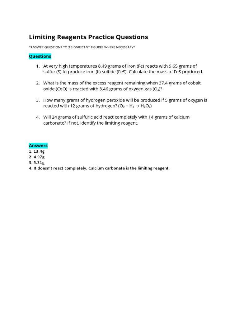 limiting reagent practice problems answer key