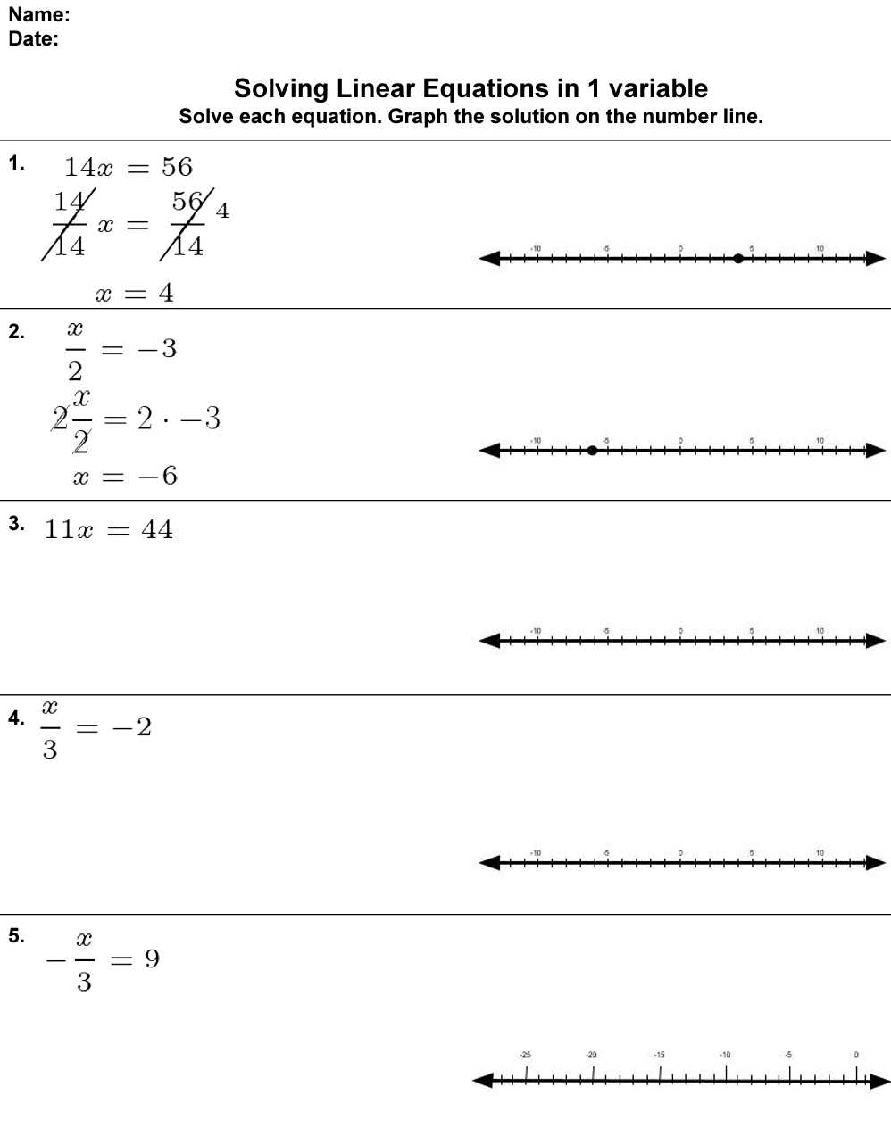 linear equations worksheet with answer key