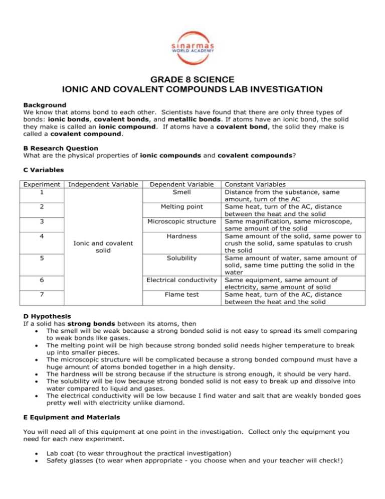 ionic or covalent bonding lab answer key