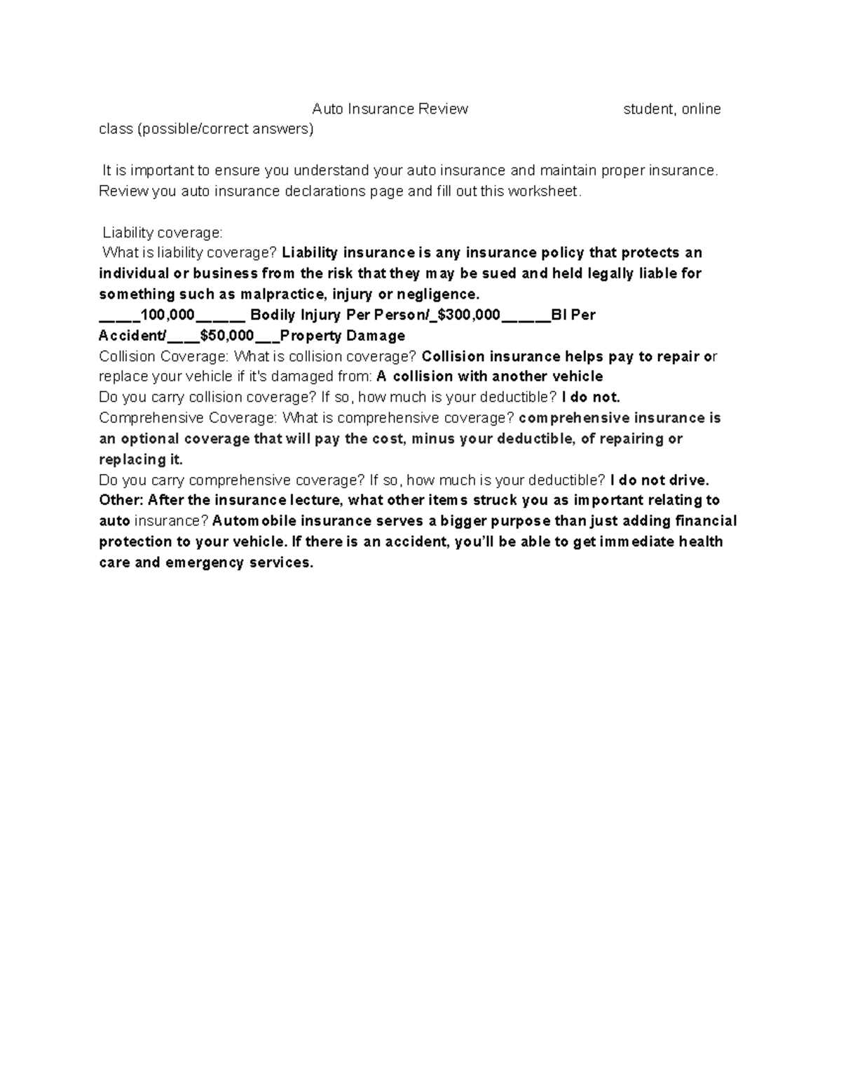 auto liability coverage answer key