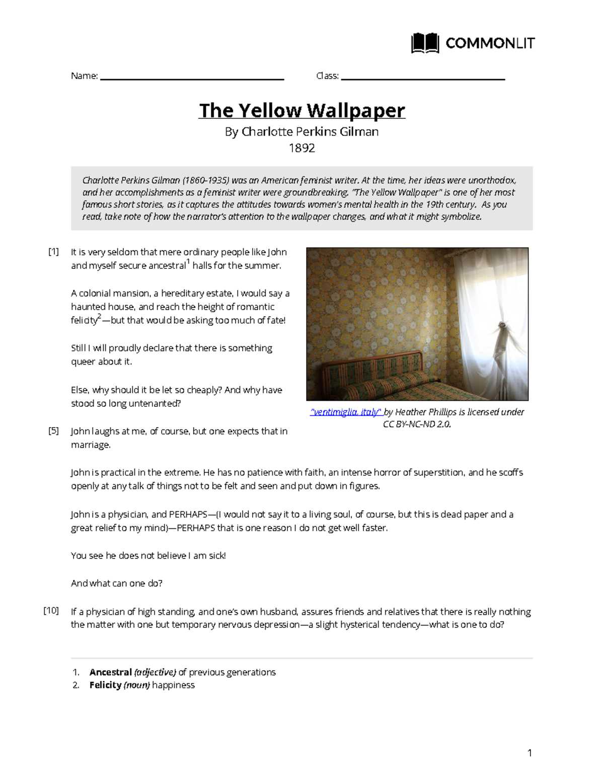 gilmans the yellow wallpaper active reading chart answer key