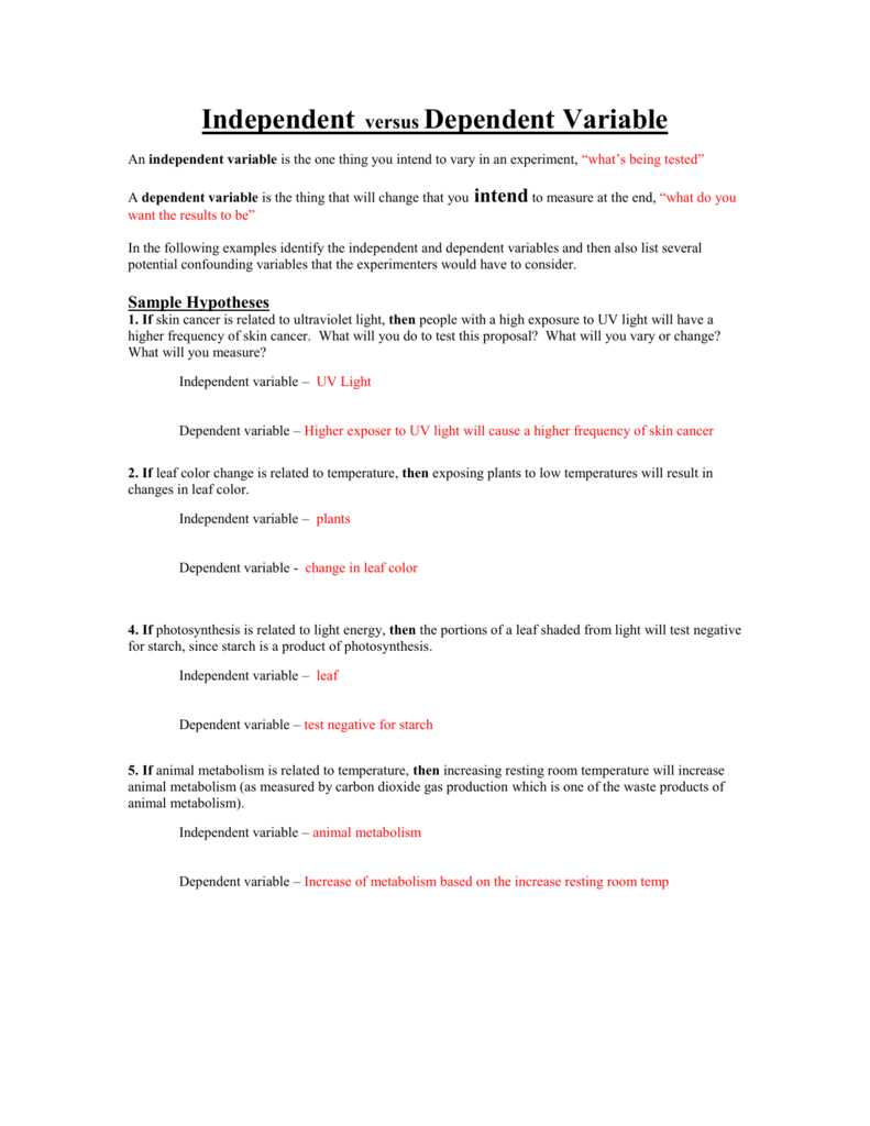 independent and dependent variables answer key