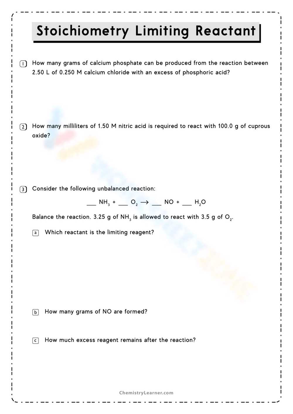 limiting reactant worksheet with answer key