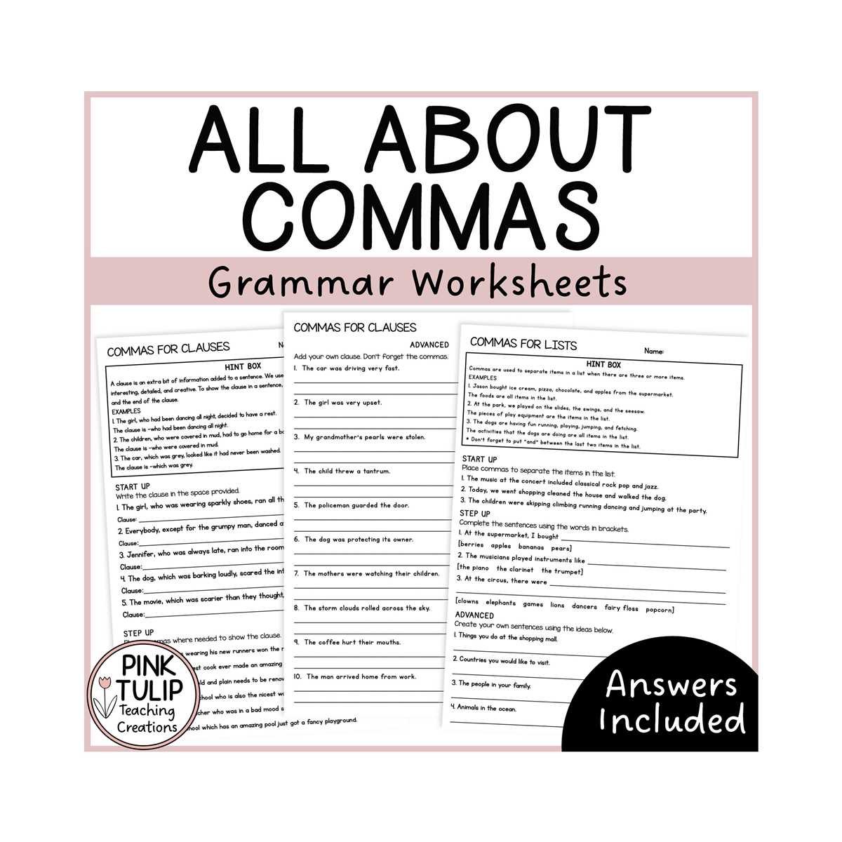 weekly grammar worksheet commas answer key
