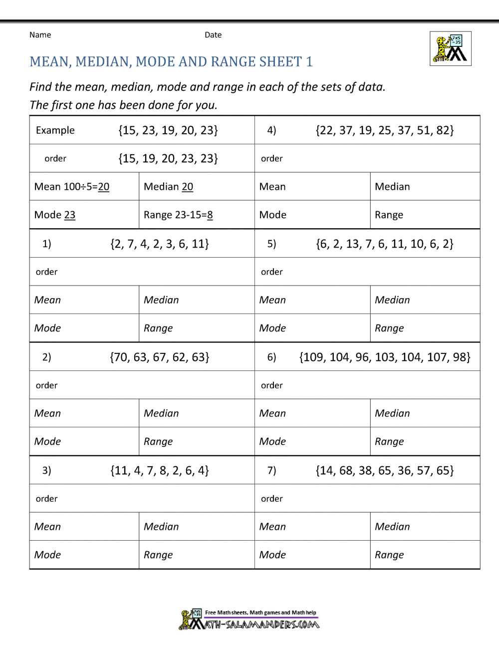 mean median mode range answer key
