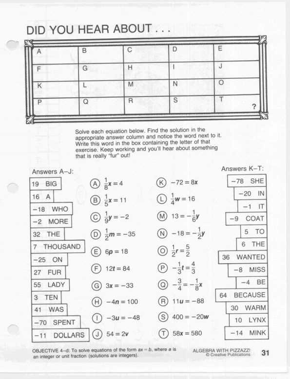 middle school math pizzazz book e answer key