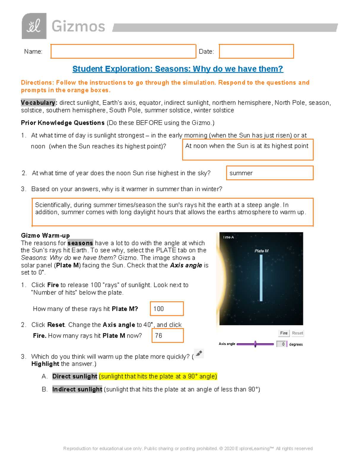 what causes the seasons lesson review answer key