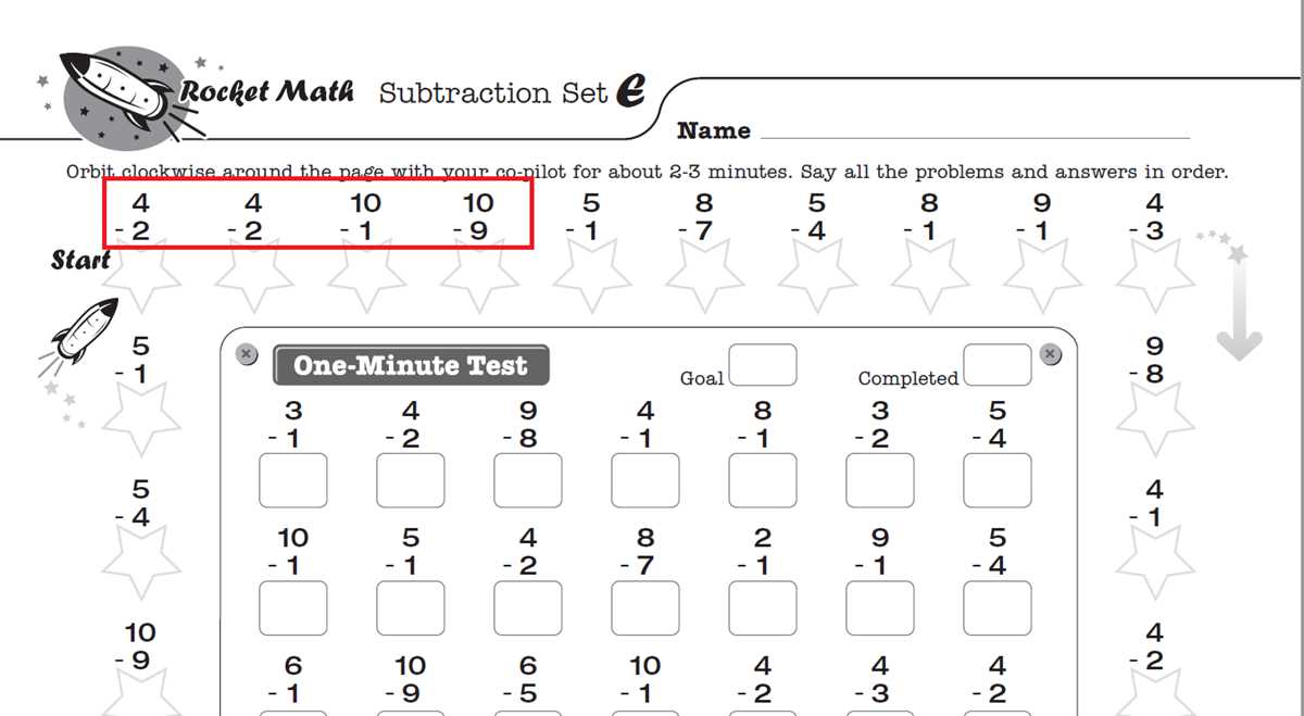 rocket math subtraction answer key
