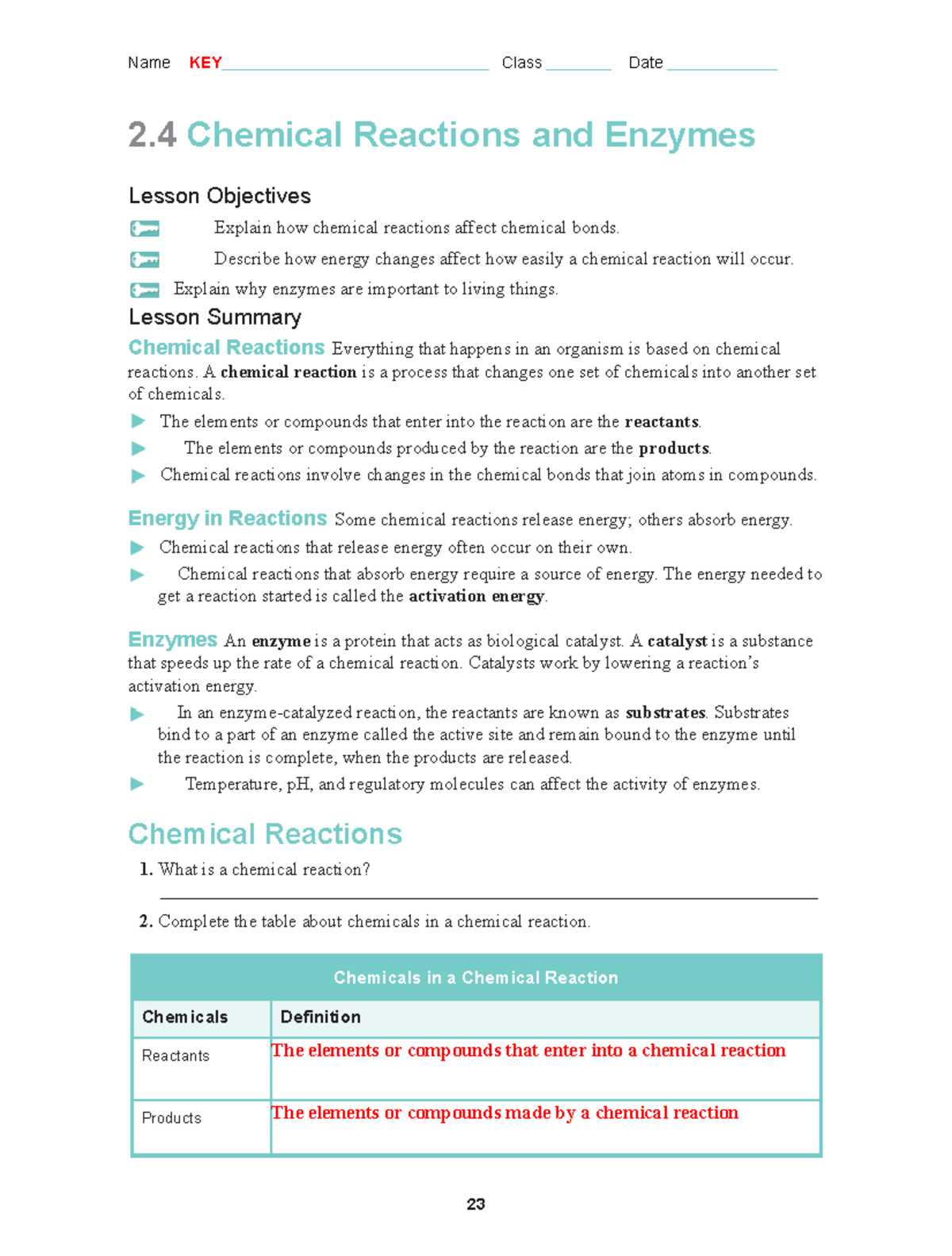 key terms chemical reactions worksheet answers
