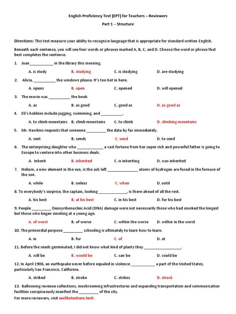 ept reviewer for teachers with answer key
