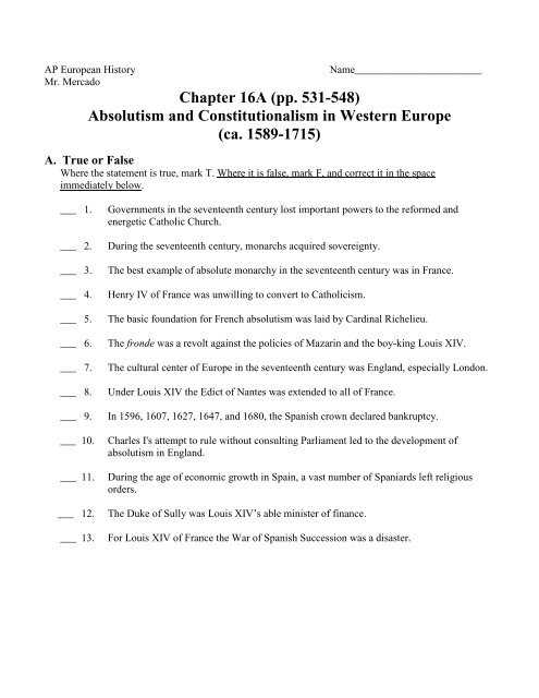 absolutism reading packet answer key