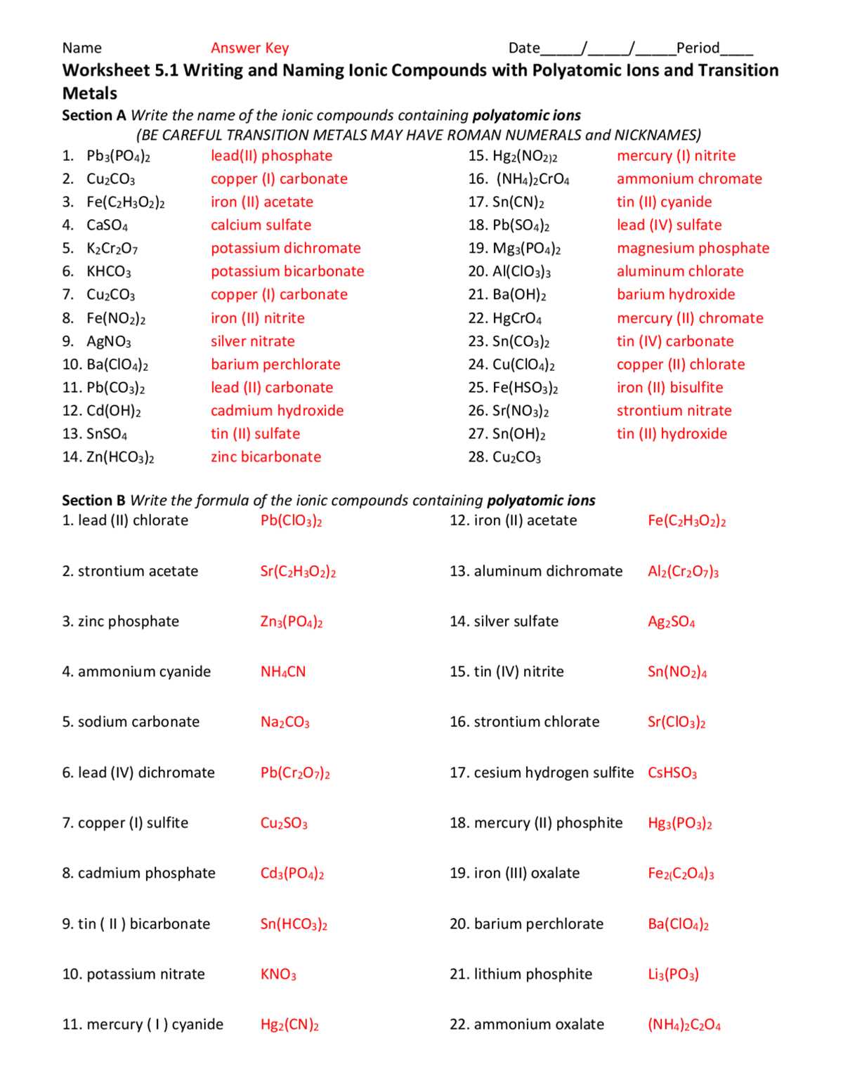 nomenclature worksheet 5 ionic compounds summary answer key