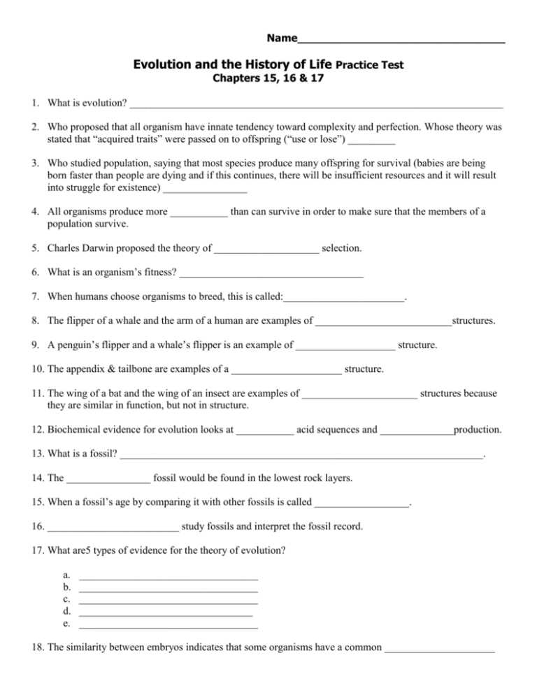 chapter 15 the theory of evolution worksheet answer key