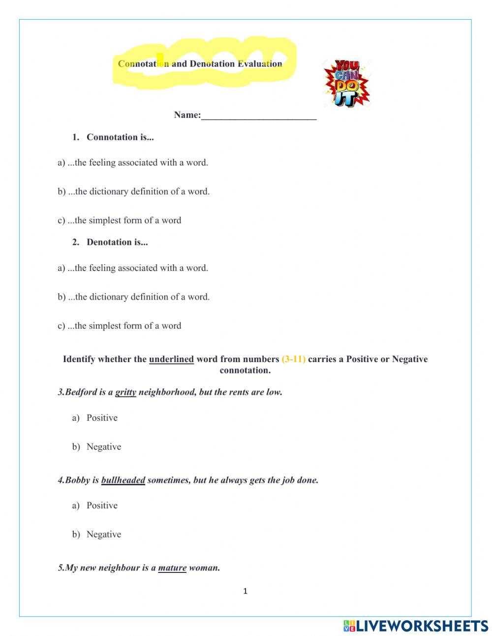 connottion and denotation worksheets with answer keys