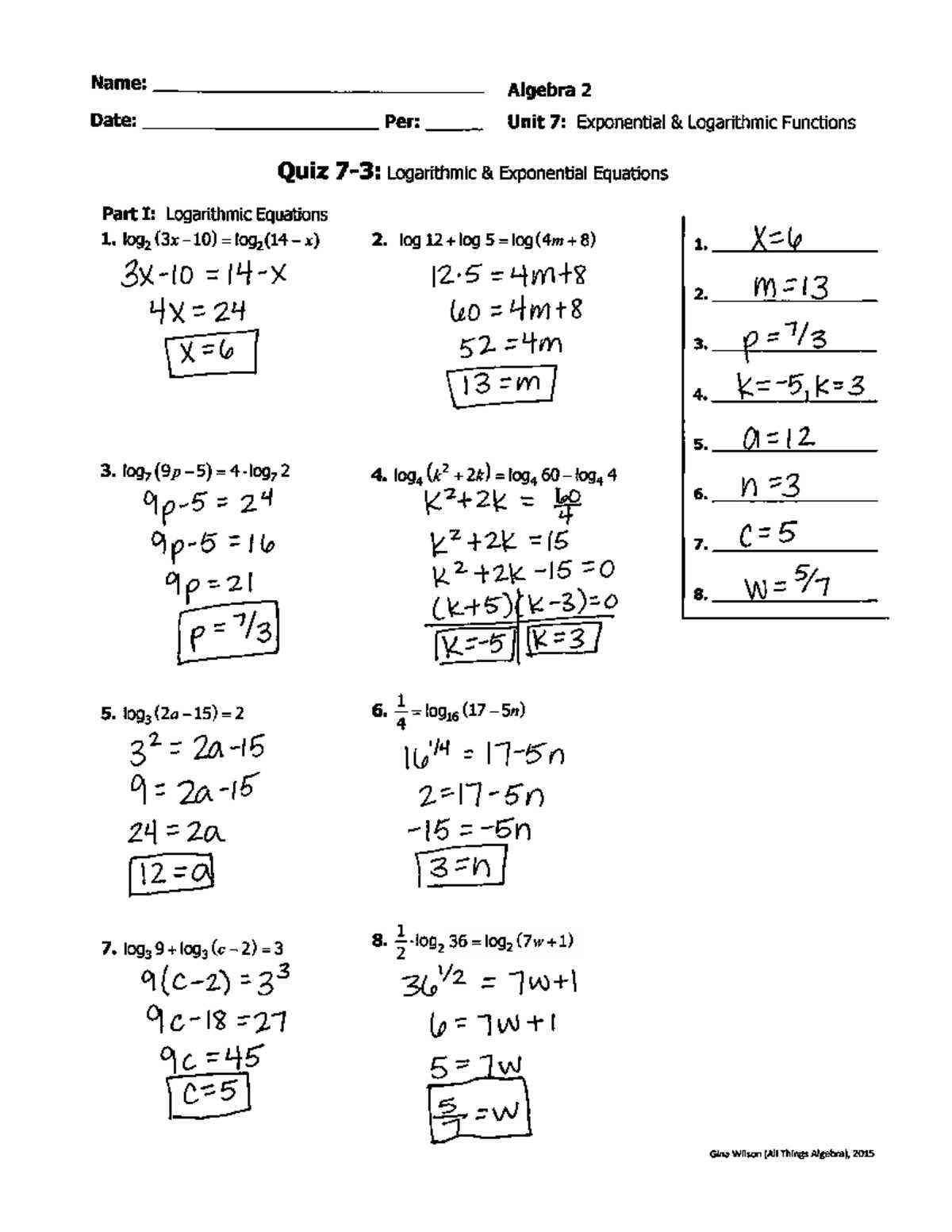 gina wilson all things algebra logarithms answer key
