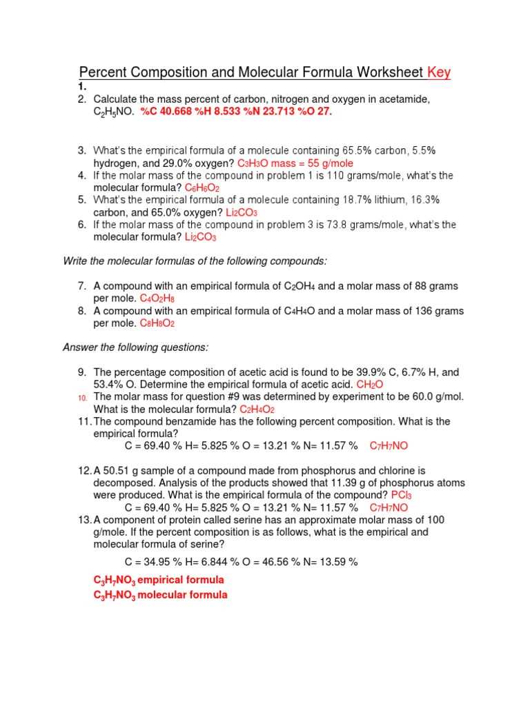 percent composition worksheet with answer key