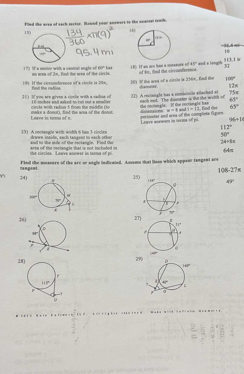 area of sector answer key