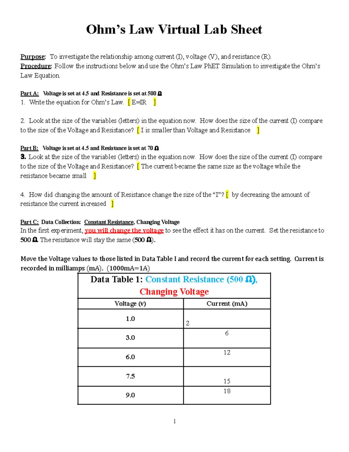 ohms law phet simulation answer key