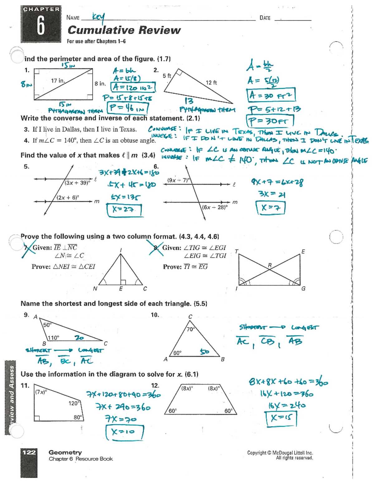 prentice hall geometry cumulative review chapters 1 6 answer key