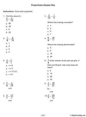 proportions worksheet answers key