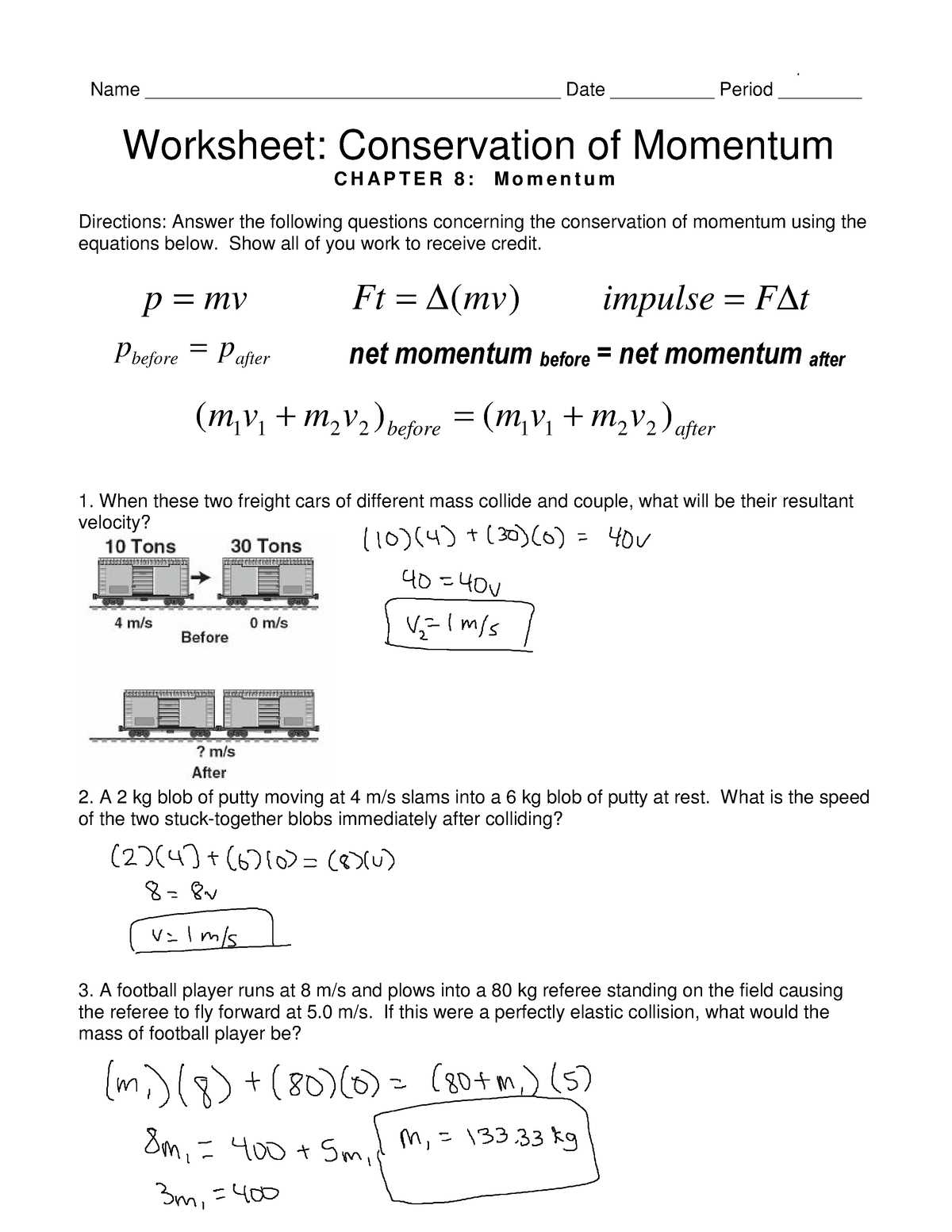 force and momentum problems worksheet answers key